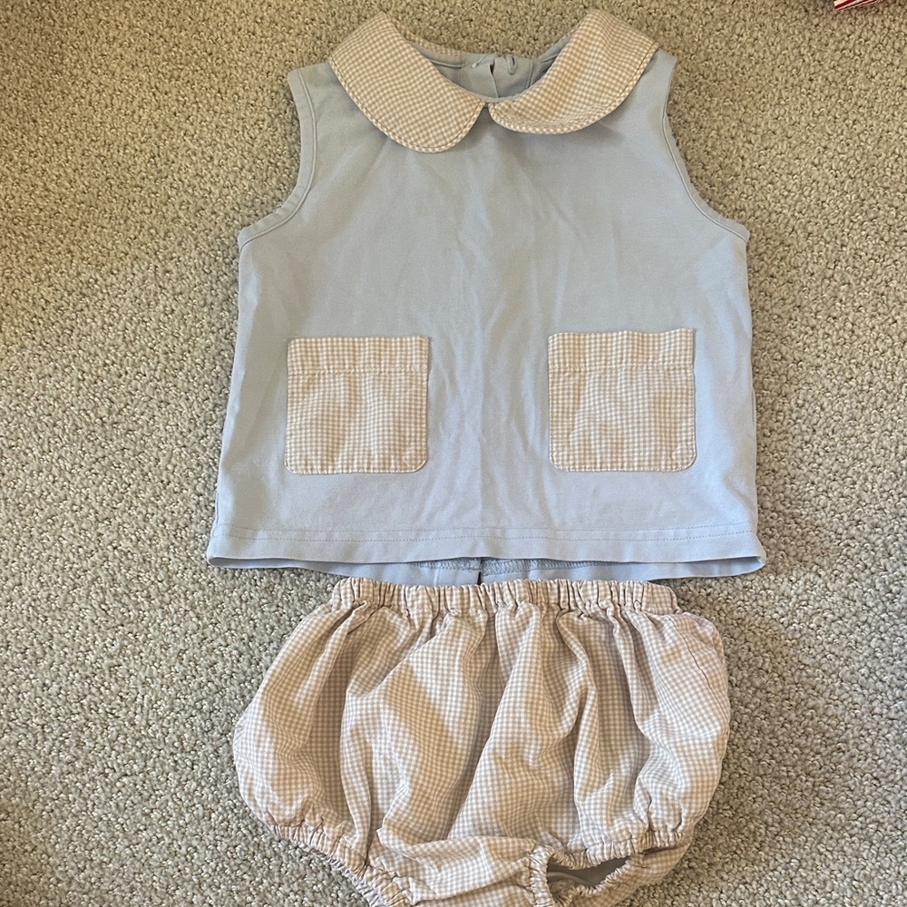 Charming Sleeveless Top and Diaper Cover Set - Light Blue and Tan